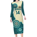 Custom Australia Boomers Long Sleeve Bodycon Dress Aboriginal With Marble Pattern - Cyan