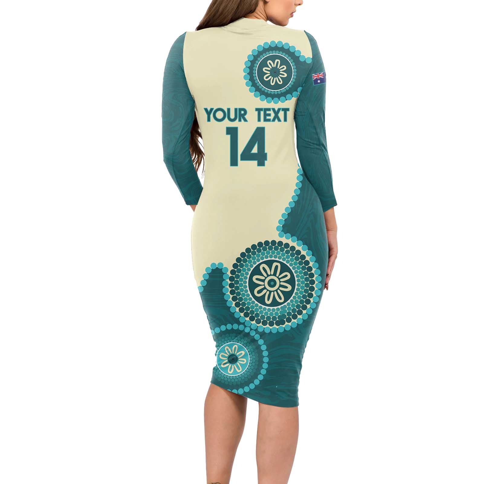 Custom Australia Boomers Long Sleeve Bodycon Dress Aboriginal With Marble Pattern - Cyan