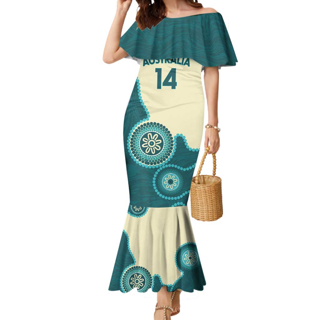 Custom Australia Boomers Mermaid Dress Aboriginal With Marble Pattern - Cyan
