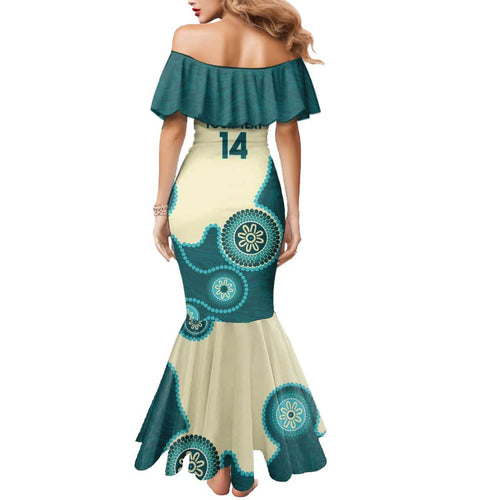 Custom Australia Boomers Mermaid Dress Aboriginal With Marble Pattern - Cyan