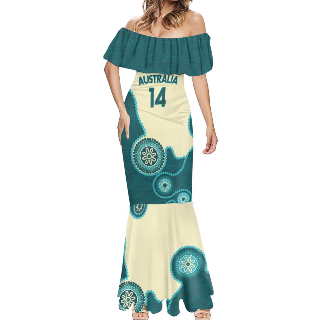 Custom Australia Boomers Mermaid Dress Aboriginal With Marble Pattern - Cyan