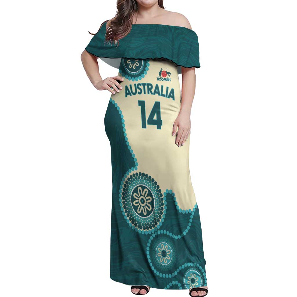 Custom Australia Boomers Off Shoulder Maxi Dress Aboriginal With Marble Pattern - Cyan