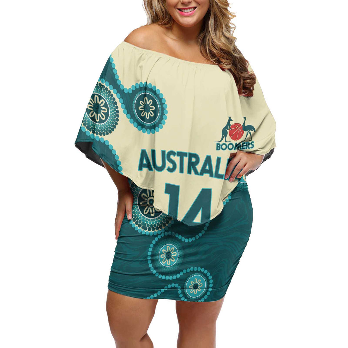 Custom Australia Boomers Off Shoulder Short Dress Aboriginal With Marble Pattern - Cyan