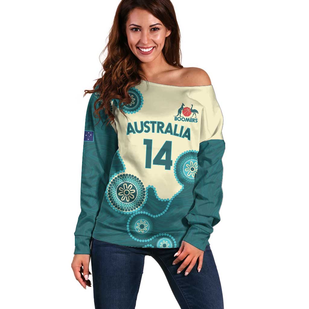 Custom Australia Boomers Off Shoulder Sweater Aboriginal With Marble Pattern - Cyan