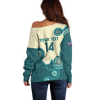 Custom Australia Boomers Off Shoulder Sweater Aboriginal With Marble Pattern - Cyan