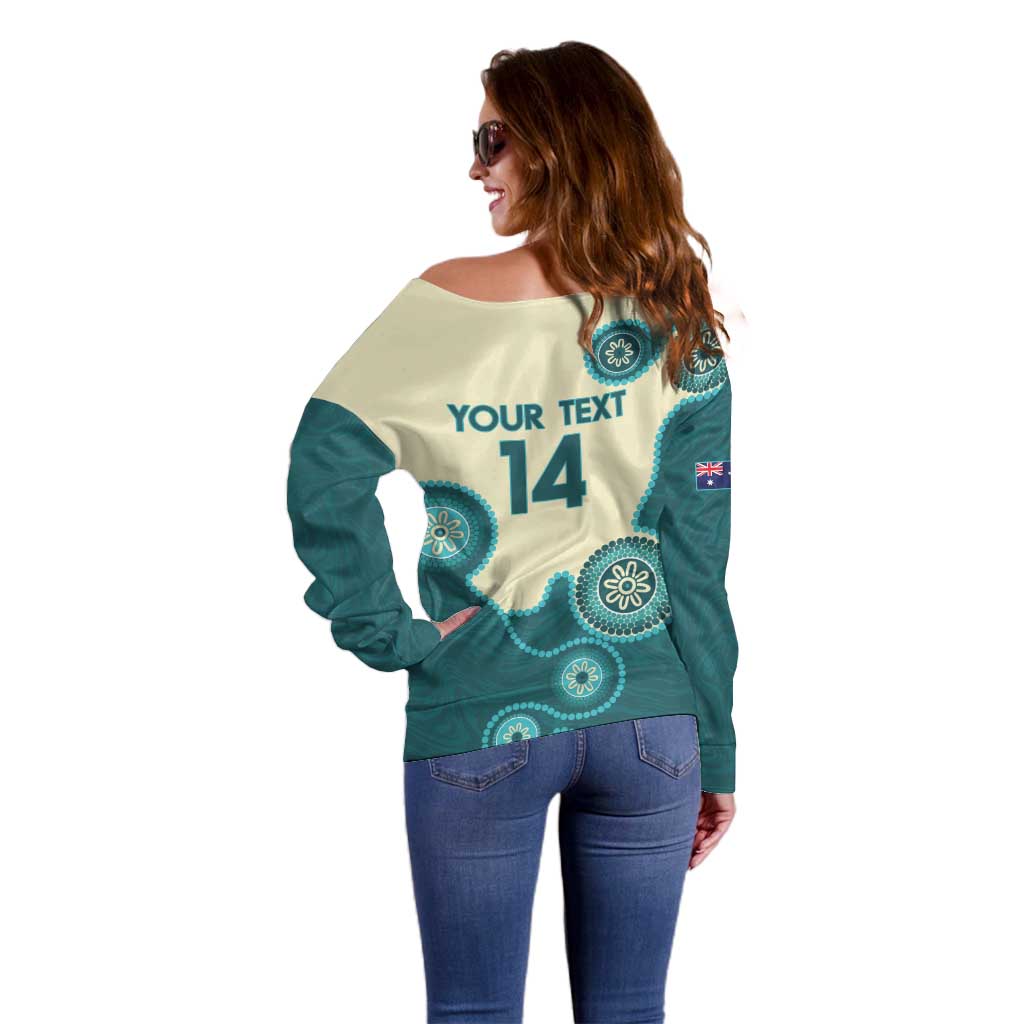 Custom Australia Boomers Off Shoulder Sweater Aboriginal With Marble Pattern - Cyan