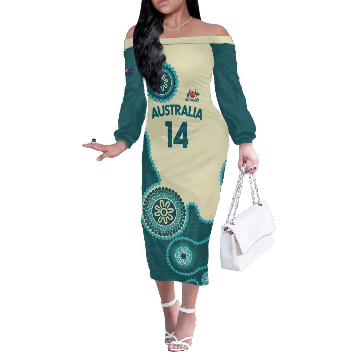 Custom Australia Boomers Off The Shoulder Long Sleeve Dress Aboriginal With Marble Pattern - Cyan