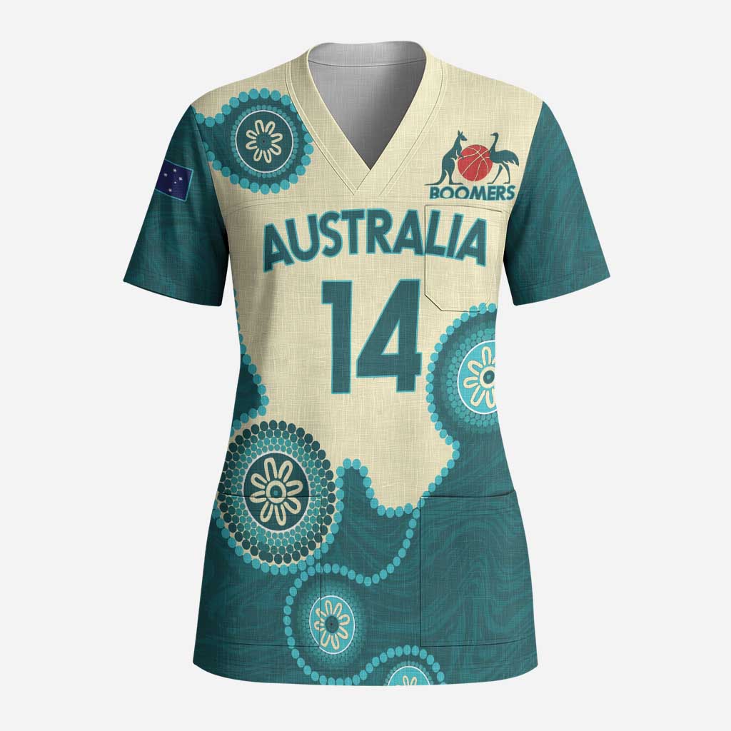 Custom Australia Boomers Scrub Top Aboriginal With Marble Pattern - Cyan - Aussie Hoodie