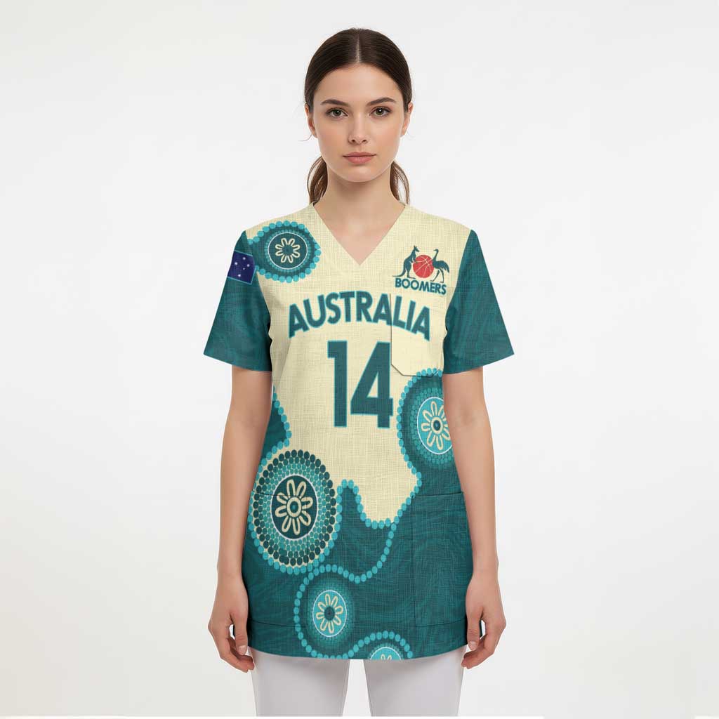 Custom Australia Boomers Scrub Top Aboriginal With Marble Pattern - Cyan - Aussie Hoodie