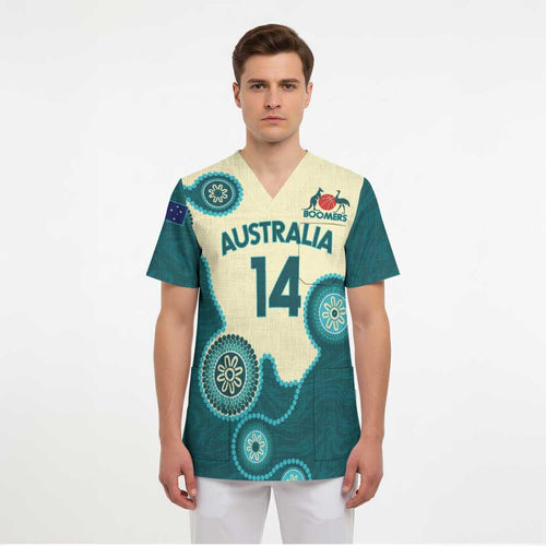Custom Australia Boomers Scrub Top Aboriginal With Marble Pattern - Cyan - Aussie Hoodie