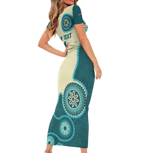 Custom Australia Boomers Short Sleeve Bodycon Dress Aboriginal With Marble Pattern - Cyan
