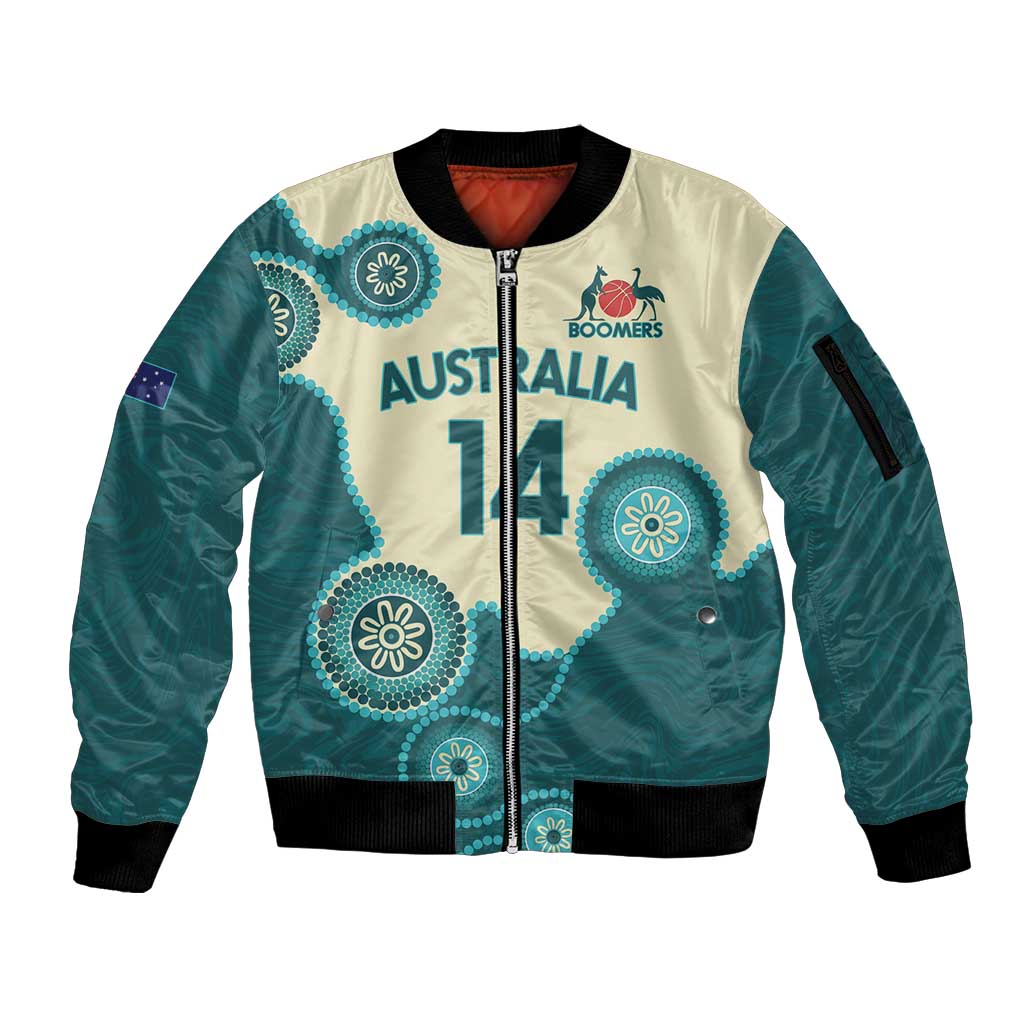 Custom Australia Boomers Sleeve Zip Bomber Jacket Aboriginal With Marble Pattern - Cyan