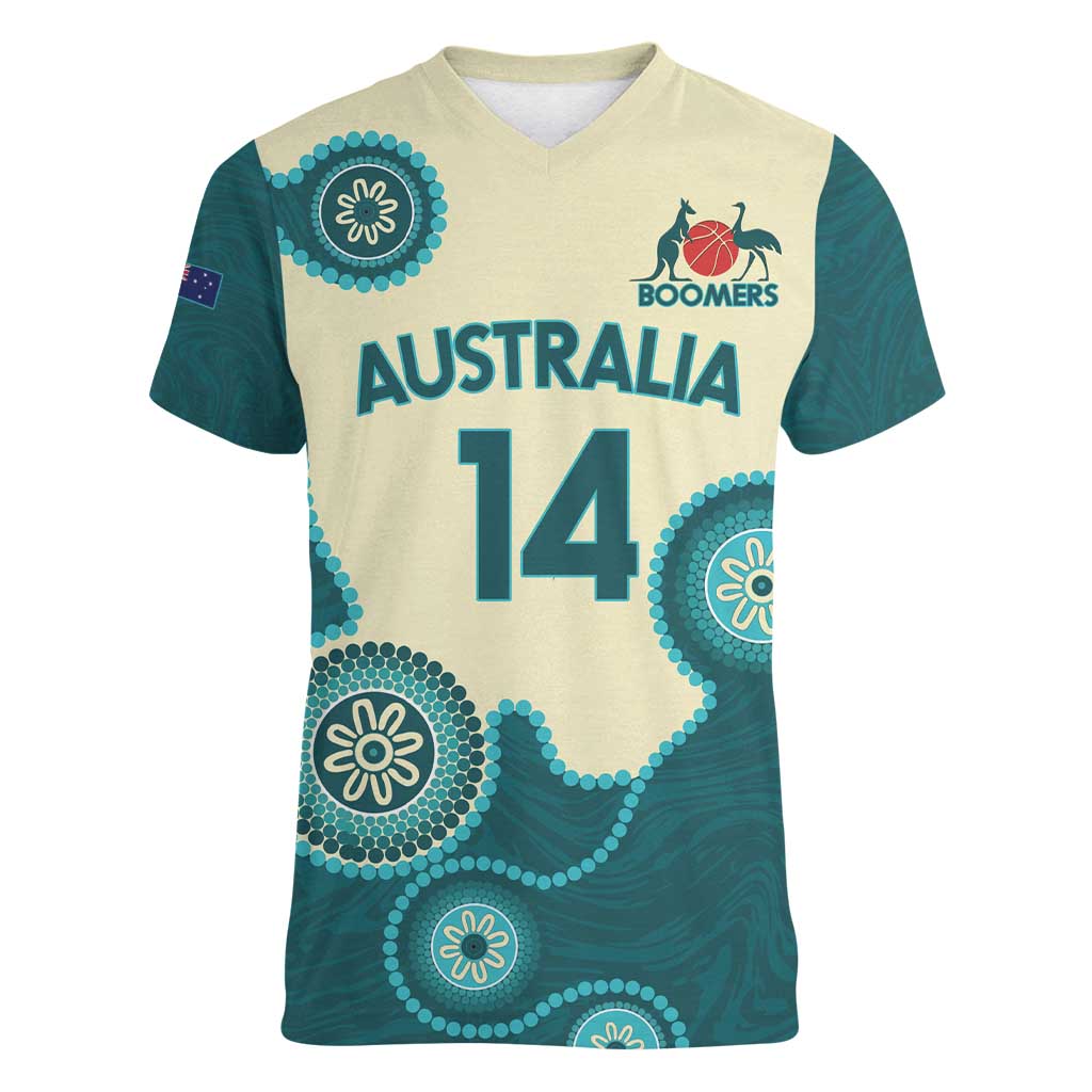 Custom Australia Boomers Women V-Neck T-Shirt Aboriginal With Marble Pattern - Cyan
