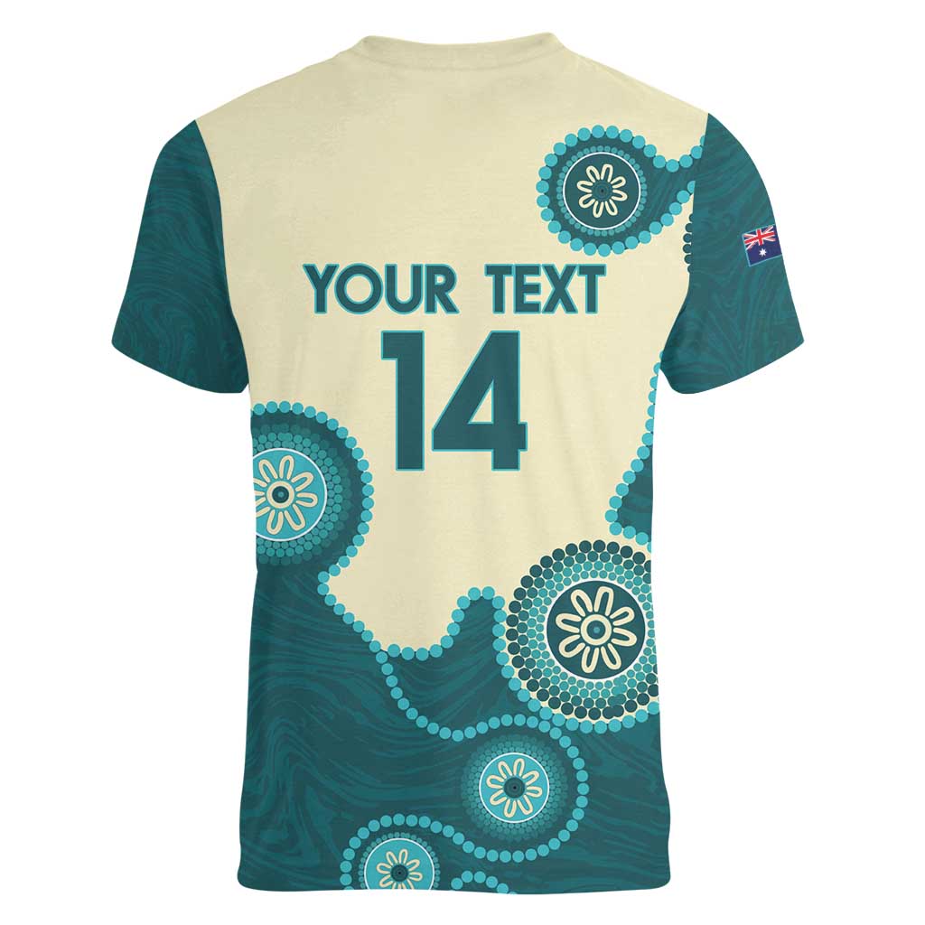 Custom Australia Boomers Women V-Neck T-Shirt Aboriginal With Marble Pattern - Cyan