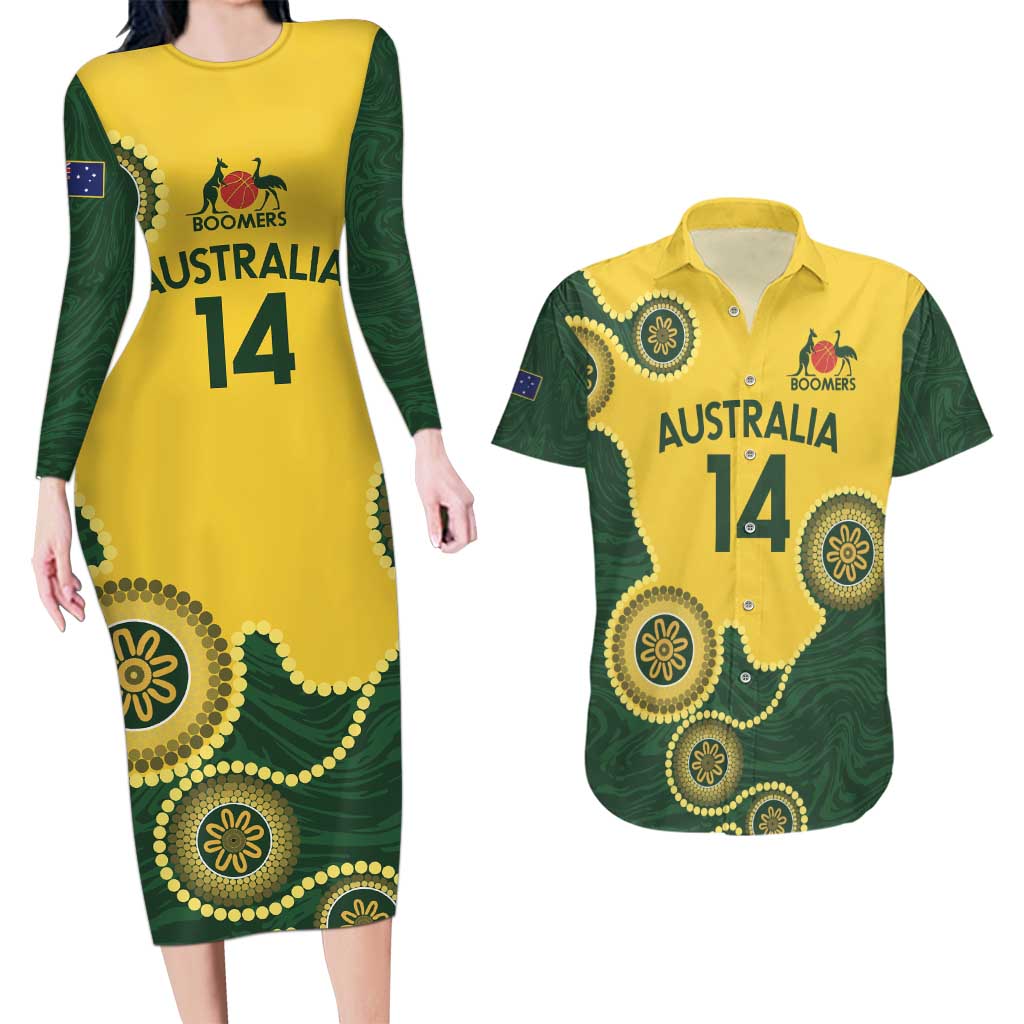 Custom Australia Boomers Couples Matching Long Sleeve Bodycon Dress and Hawaiian Shirt Aboriginal With Marble Pattern - Yellow