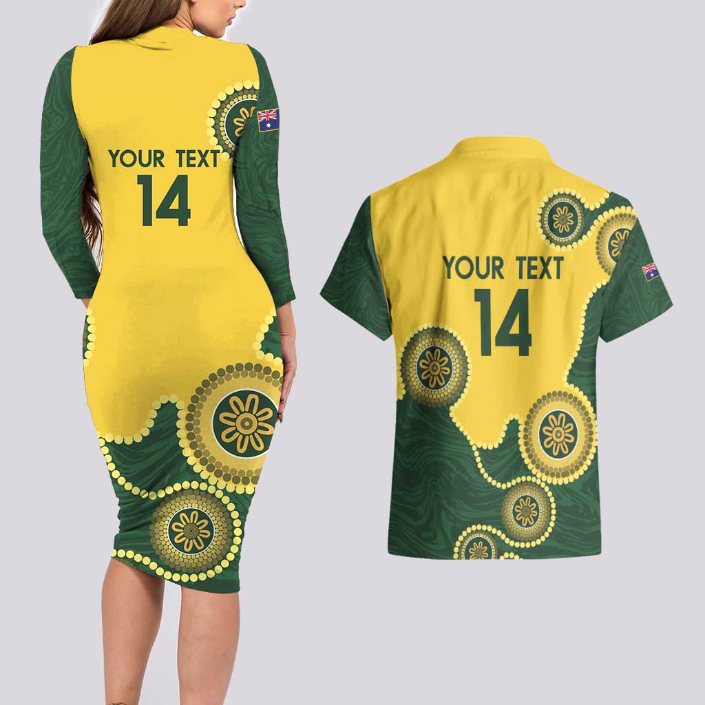 Custom Australia Boomers Couples Matching Long Sleeve Bodycon Dress and Hawaiian Shirt Aboriginal With Marble Pattern - Yellow