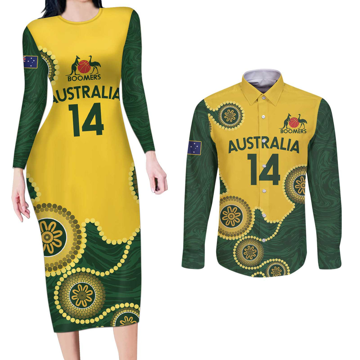 Custom Australia Boomers Couples Matching Long Sleeve Bodycon Dress and Long Sleeve Button Shirt Aboriginal With Marble Pattern - Yellow