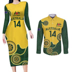 Custom Australia Boomers Couples Matching Long Sleeve Bodycon Dress and Long Sleeve Button Shirt Aboriginal With Marble Pattern - Yellow