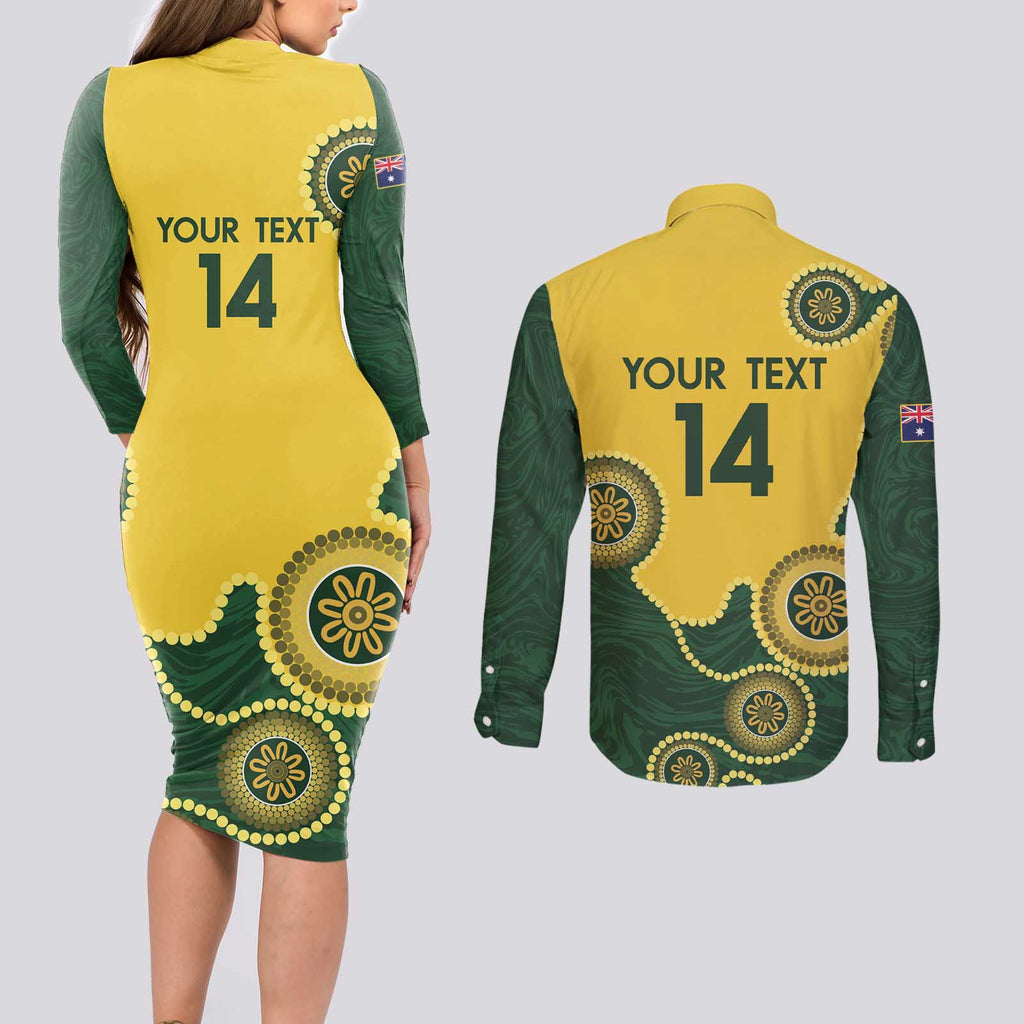 Custom Australia Boomers Couples Matching Long Sleeve Bodycon Dress and Long Sleeve Button Shirt Aboriginal With Marble Pattern - Yellow