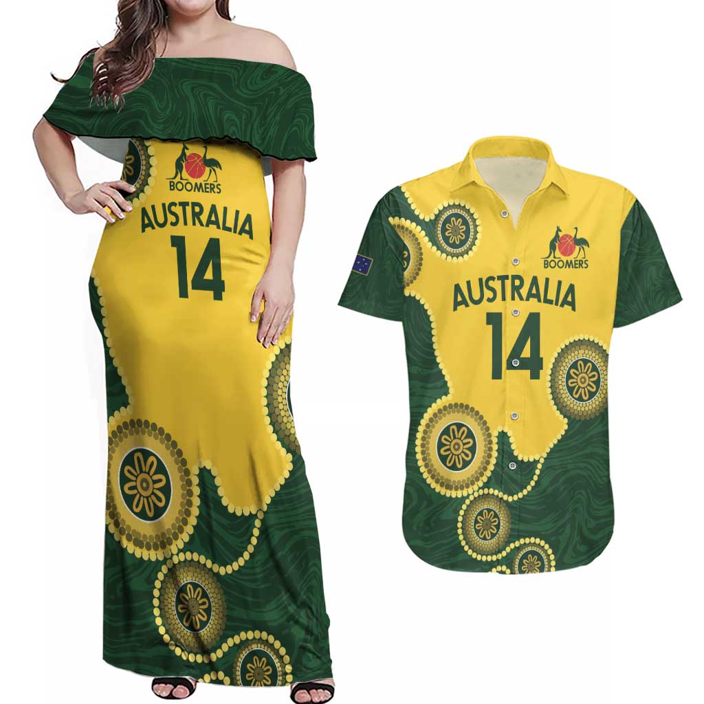 Custom Australia Boomers Couples Matching Off Shoulder Maxi Dress and Hawaiian Shirt Aboriginal With Marble Pattern - Yellow