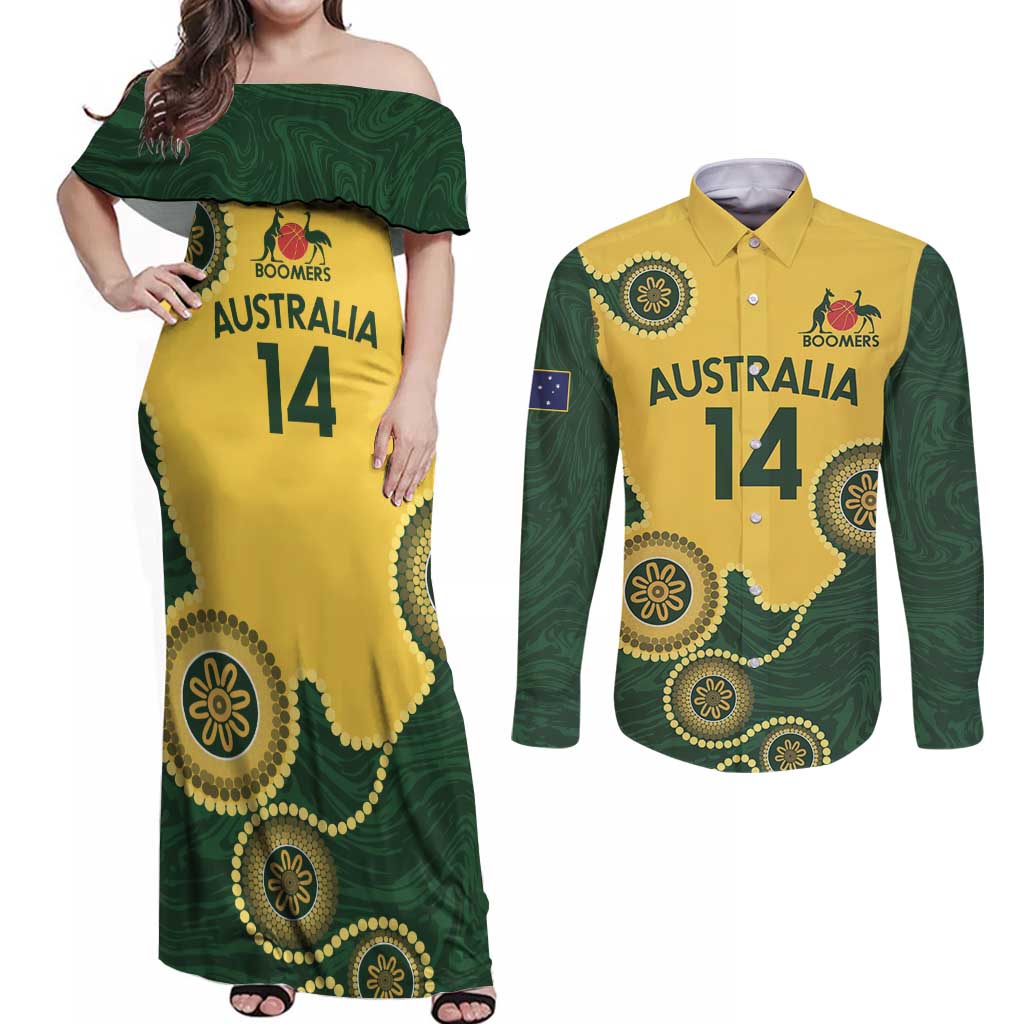 Custom Australia Boomers Couples Matching Off Shoulder Maxi Dress and Long Sleeve Button Shirt Aboriginal With Marble Pattern - Yellow