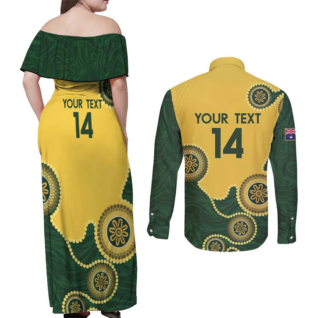 Custom Australia Boomers Couples Matching Off Shoulder Maxi Dress and Long Sleeve Button Shirt Aboriginal With Marble Pattern - Yellow