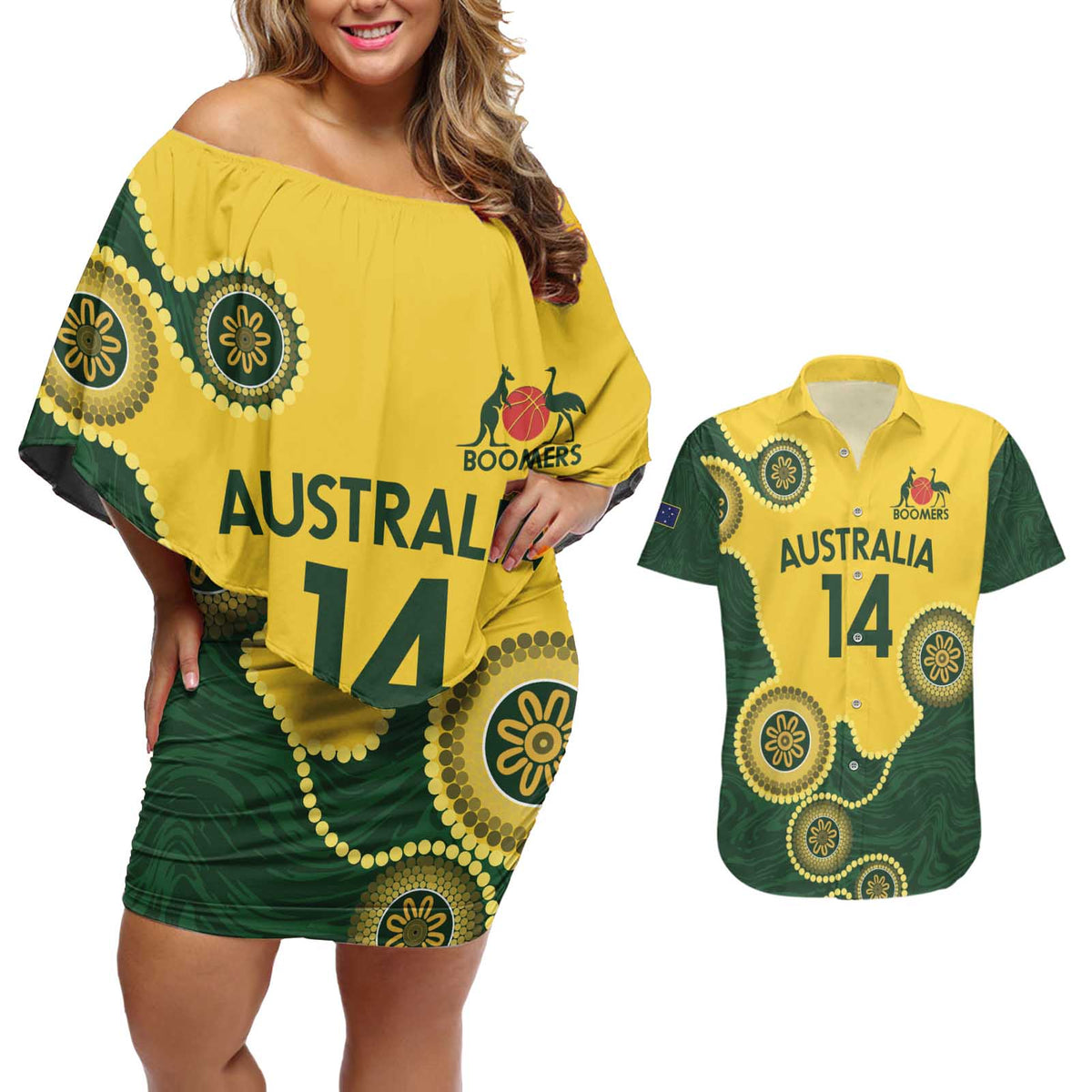 Custom Australia Boomers Couples Matching Off Shoulder Short Dress and Hawaiian Shirt Aboriginal With Marble Pattern - Yellow