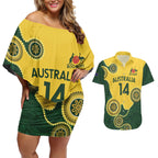 Custom Australia Boomers Couples Matching Off Shoulder Short Dress and Hawaiian Shirt Aboriginal With Marble Pattern - Yellow