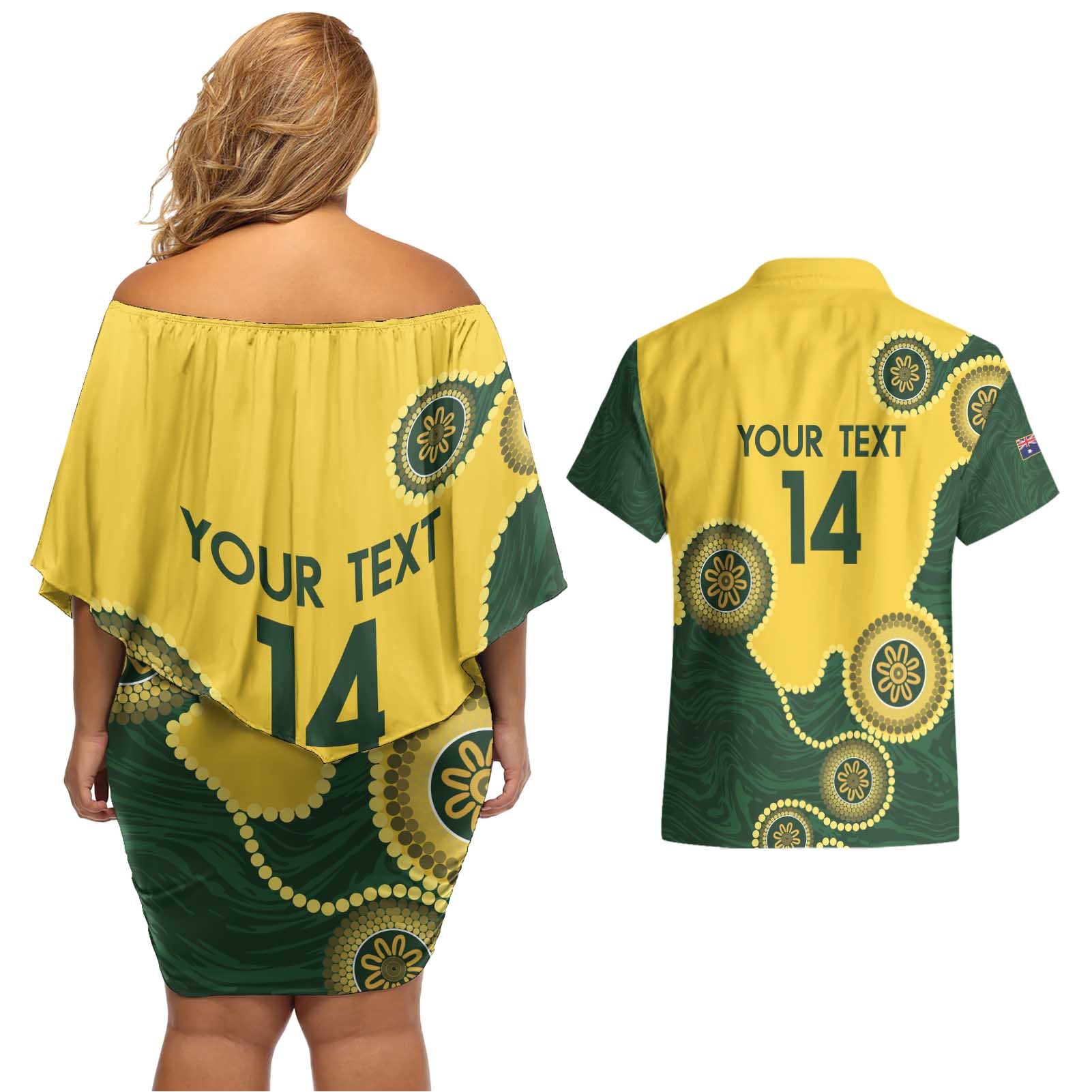 Custom Australia Boomers Couples Matching Off Shoulder Short Dress and Hawaiian Shirt Aboriginal With Marble Pattern - Yellow