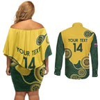 Custom Australia Boomers Couples Matching Off Shoulder Short Dress and Long Sleeve Button Shirt Aboriginal With Marble Pattern - Yellow