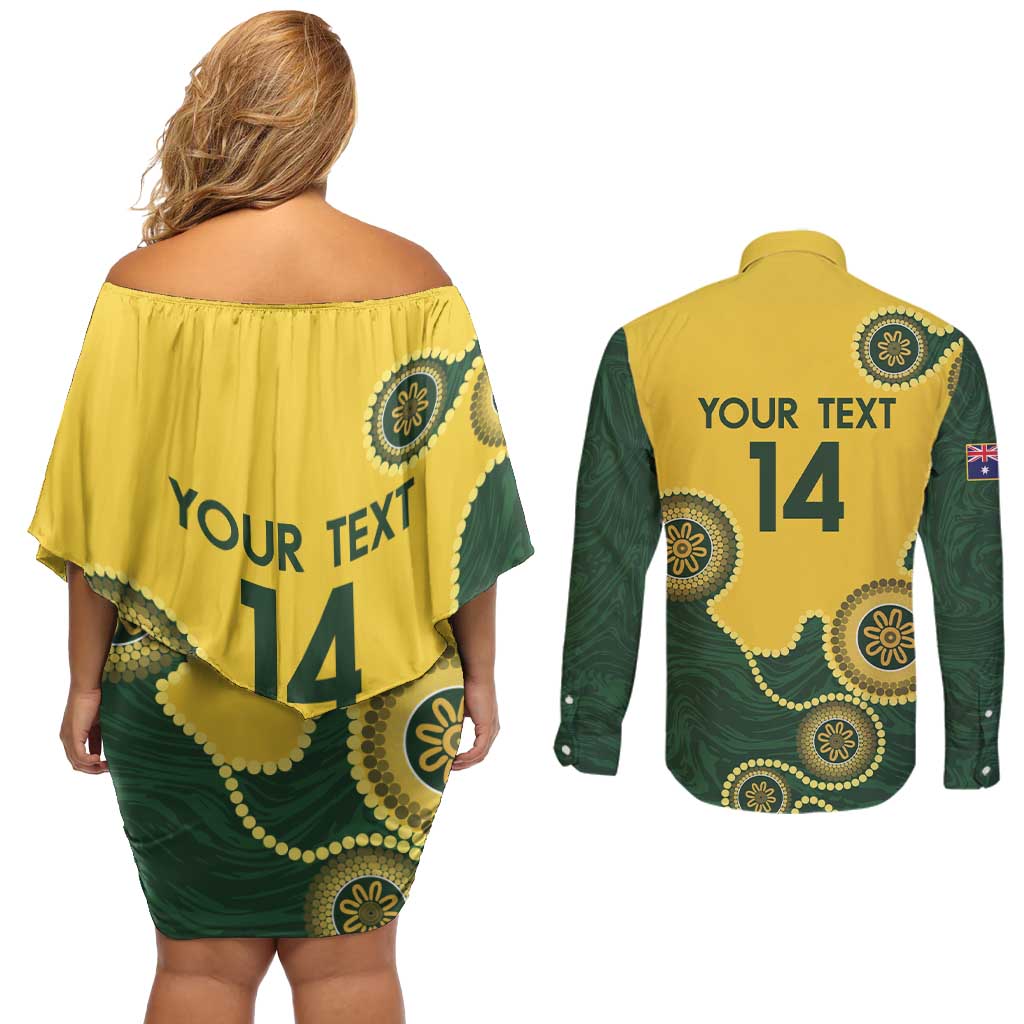 Custom Australia Boomers Couples Matching Off Shoulder Short Dress and Long Sleeve Button Shirt Aboriginal With Marble Pattern - Yellow