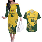 Custom Australia Boomers Couples Matching Off The Shoulder Long Sleeve Dress and Hawaiian Shirt Aboriginal With Marble Pattern - Yellow
