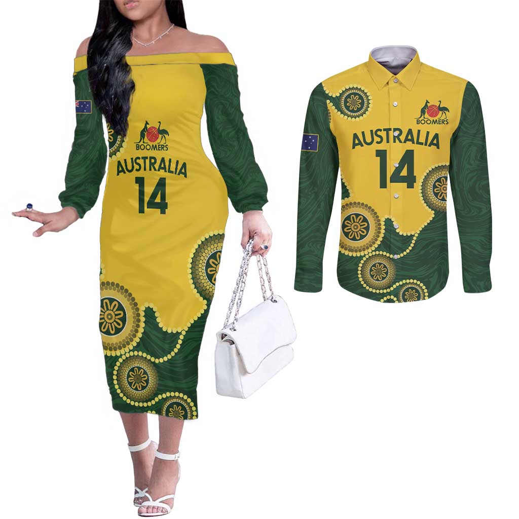 Custom Australia Boomers Couples Matching Off The Shoulder Long Sleeve Dress and Long Sleeve Button Shirt Aboriginal With Marble Pattern - Yellow