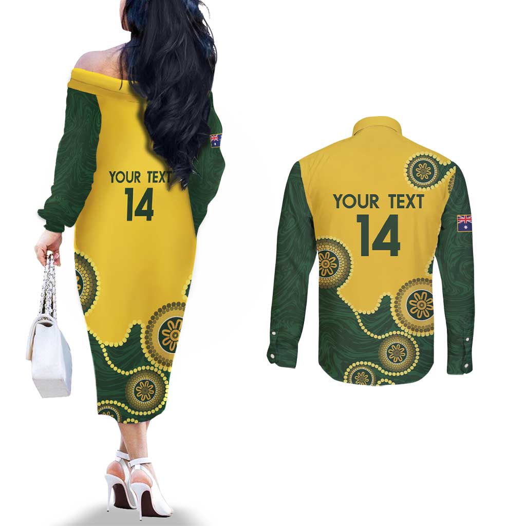 Custom Australia Boomers Couples Matching Off The Shoulder Long Sleeve Dress and Long Sleeve Button Shirt Aboriginal With Marble Pattern - Yellow