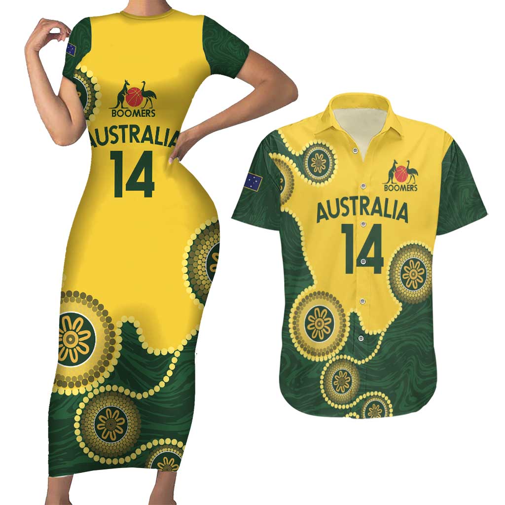 Custom Australia Boomers Couples Matching Short Sleeve Bodycon Dress and Hawaiian Shirt Aboriginal With Marble Pattern - Yellow