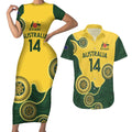 Custom Australia Boomers Couples Matching Short Sleeve Bodycon Dress and Hawaiian Shirt Aboriginal With Marble Pattern - Yellow