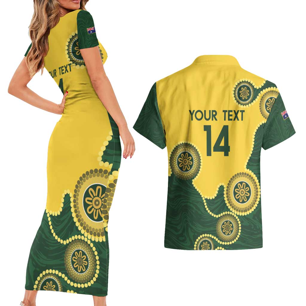 Custom Australia Boomers Couples Matching Short Sleeve Bodycon Dress and Hawaiian Shirt Aboriginal With Marble Pattern - Yellow