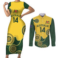 Custom Australia Boomers Couples Matching Short Sleeve Bodycon Dress and Long Sleeve Button Shirt Aboriginal With Marble Pattern - Yellow