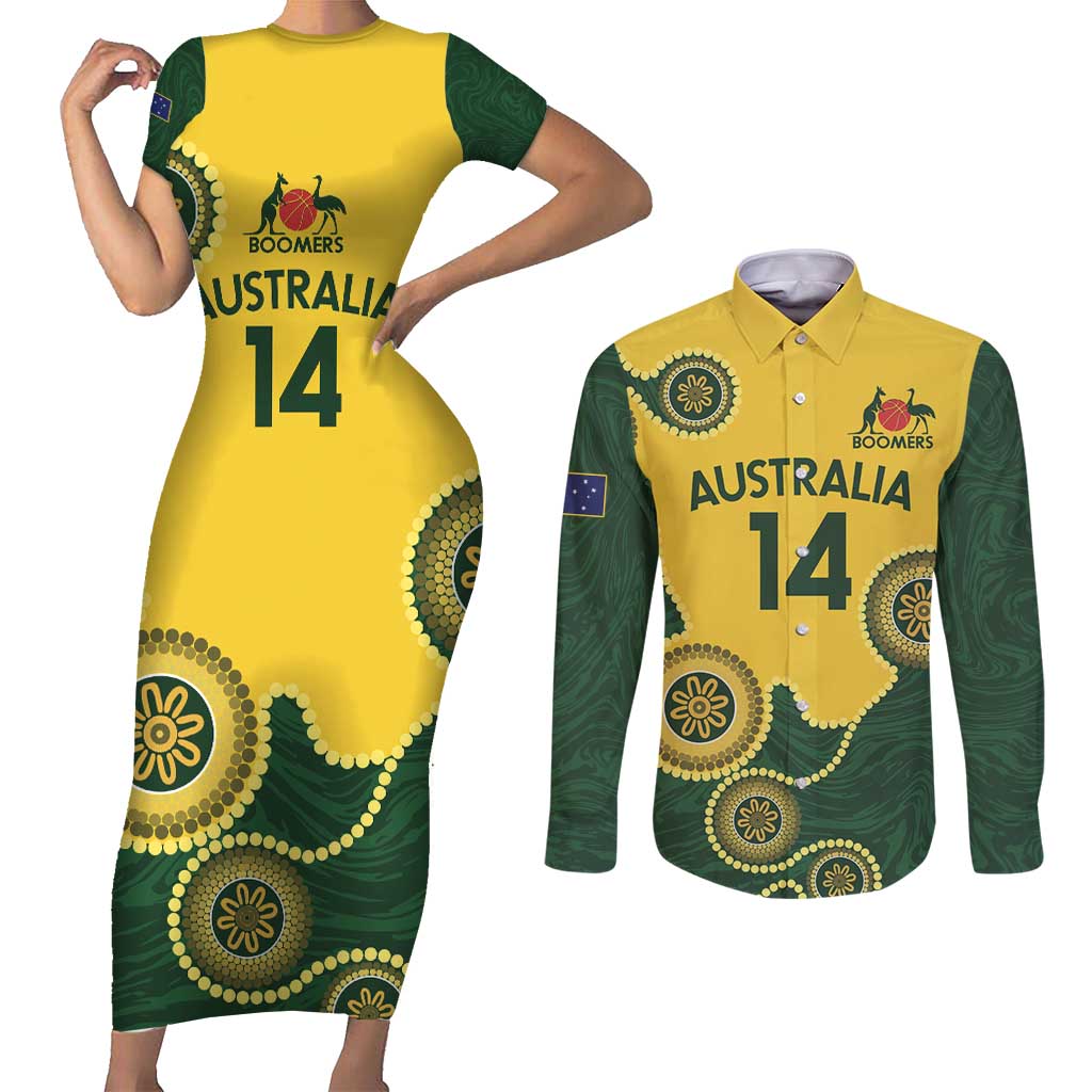 Custom Australia Boomers Couples Matching Short Sleeve Bodycon Dress and Long Sleeve Button Shirt Aboriginal With Marble Pattern - Yellow