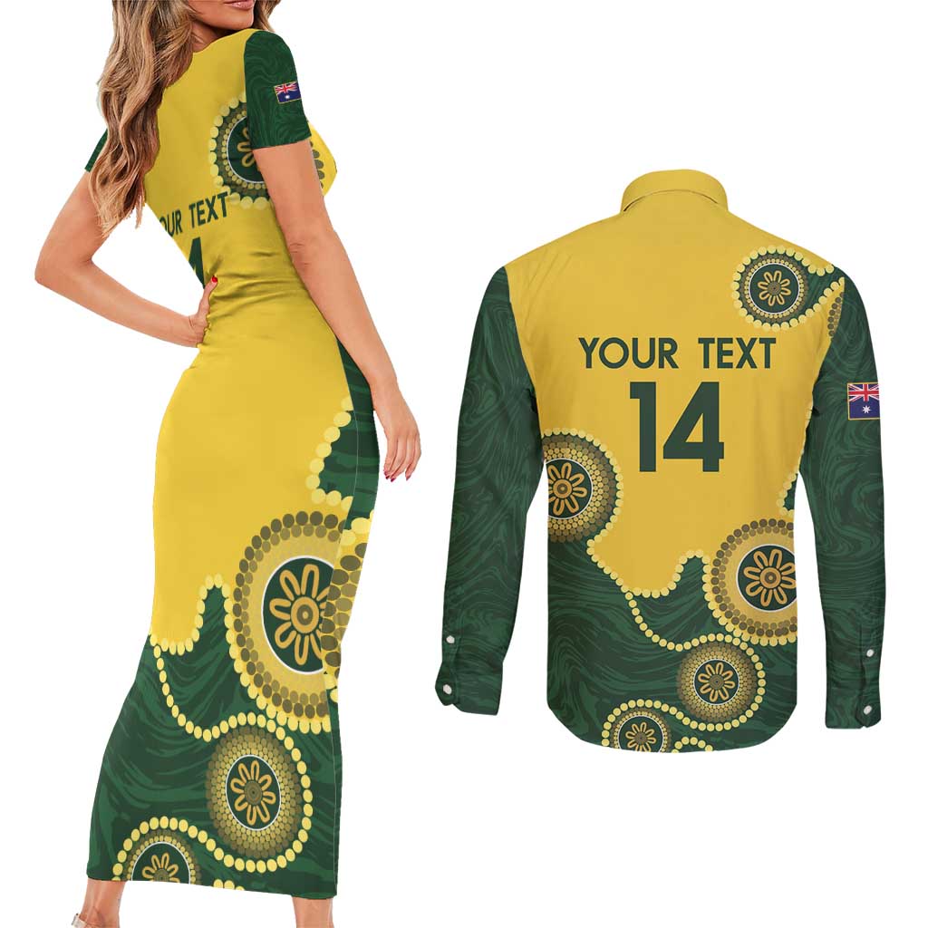 Custom Australia Boomers Couples Matching Short Sleeve Bodycon Dress and Long Sleeve Button Shirt Aboriginal With Marble Pattern - Yellow