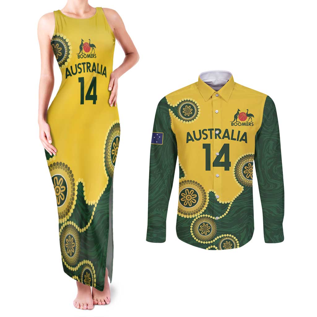 Custom Australia Boomers Couples Matching Tank Maxi Dress and Long Sleeve Button Shirt Aboriginal With Marble Pattern - Yellow
