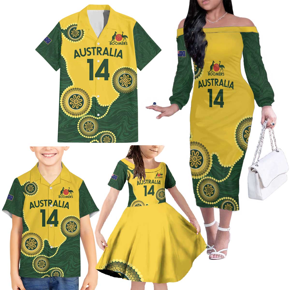 Custom Australia Boomers Family Matching Off The Shoulder Long Sleeve Dress and Hawaiian Shirt Aboriginal With Marble Pattern - Yellow