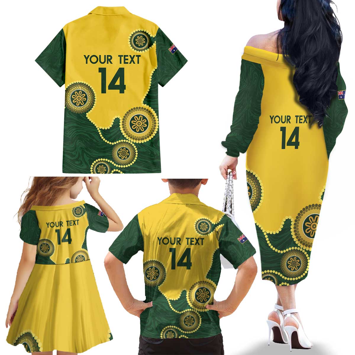 Custom Australia Boomers Family Matching Off The Shoulder Long Sleeve Dress and Hawaiian Shirt Aboriginal With Marble Pattern - Yellow
