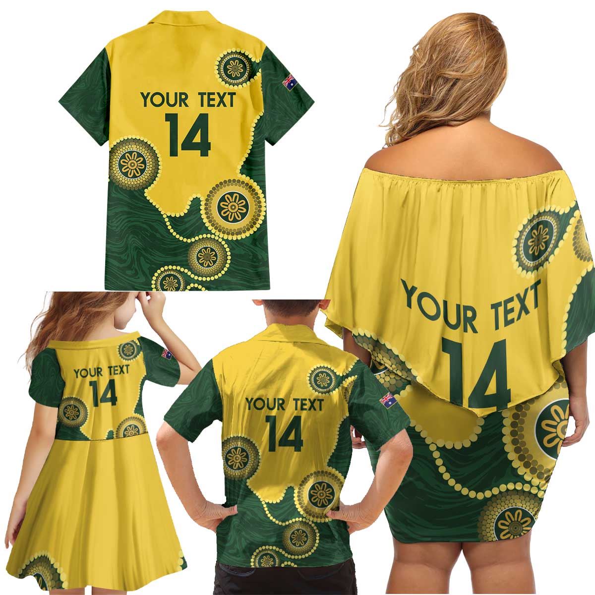 Custom Australia Boomers Family Matching Off Shoulder Short Dress and Hawaiian Shirt Aboriginal With Marble Pattern - Yellow