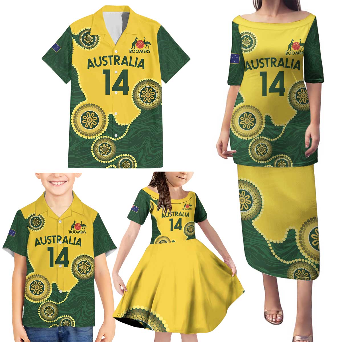 Custom Australia Boomers Family Matching Puletasi and Hawaiian Shirt Aboriginal With Marble Pattern - Yellow