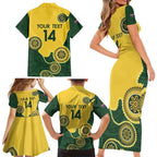 Custom Australia Boomers Family Matching Short Sleeve Bodycon Dress and Hawaiian Shirt Aboriginal With Marble Pattern - Yellow