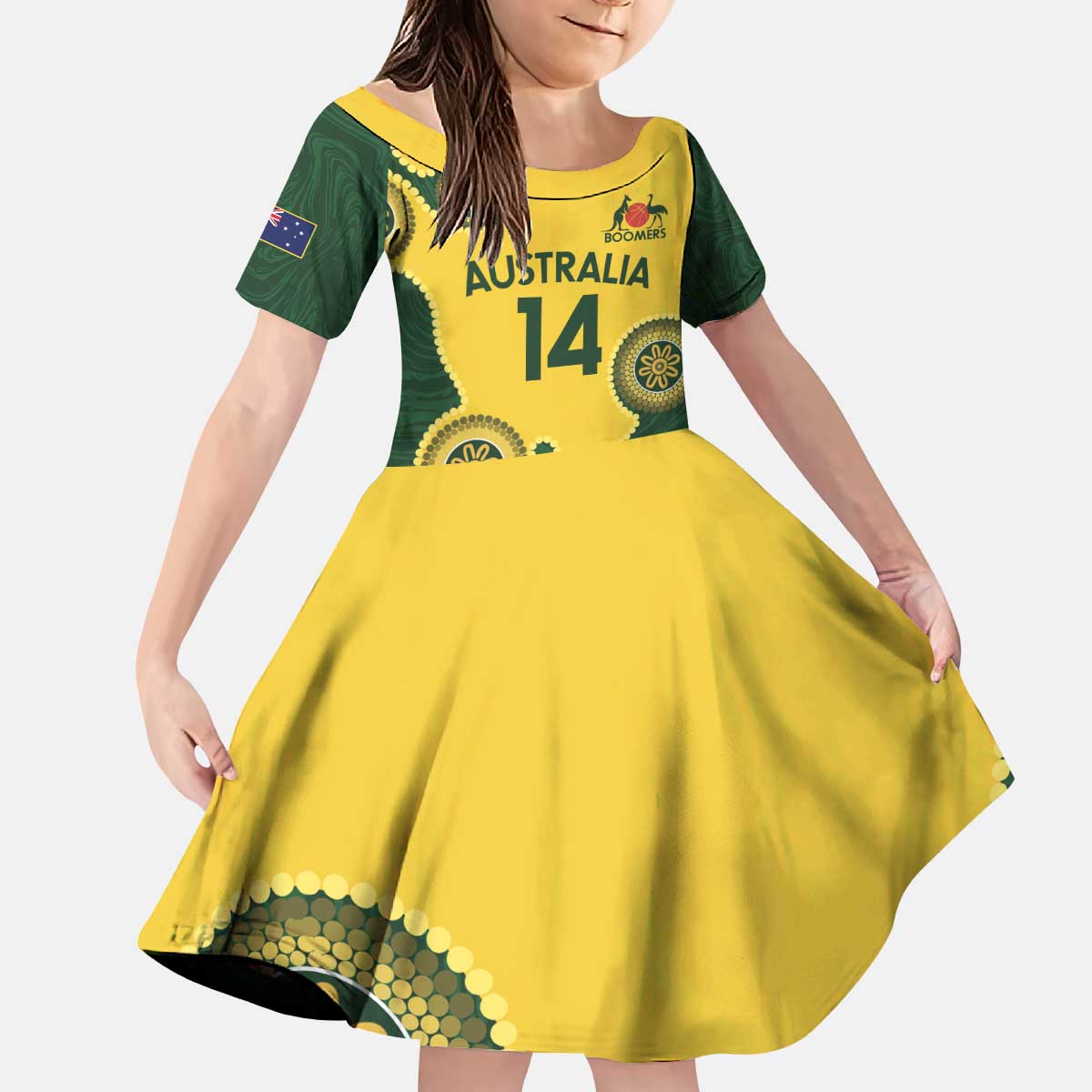 Custom Australia Boomers Kid Short Sleeve Dress Aboriginal With Marble Pattern - Yellow