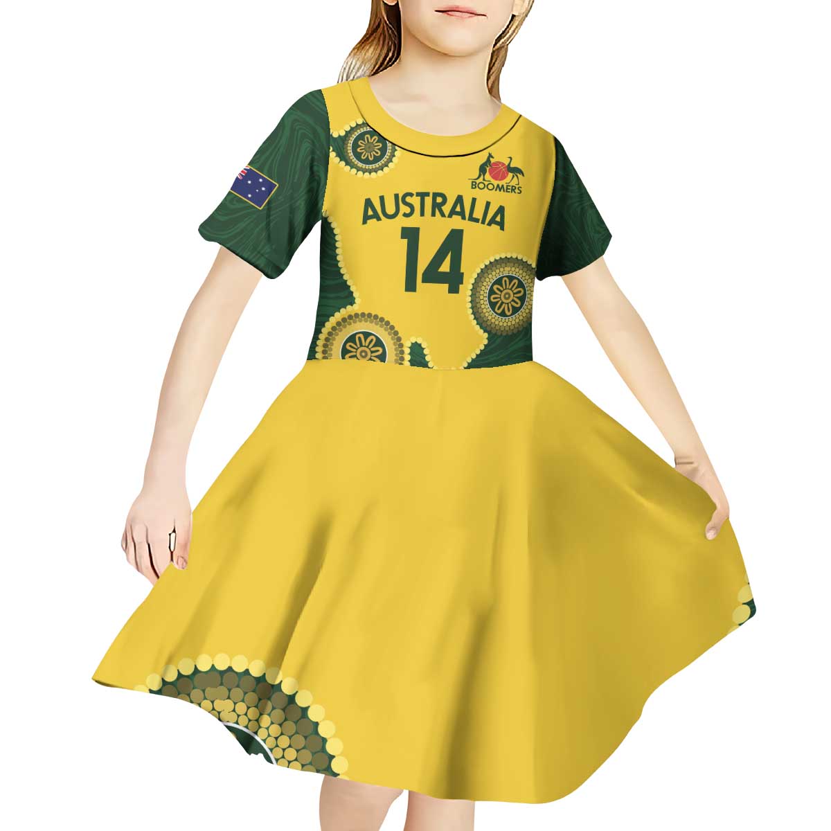 Custom Australia Boomers Kid Short Sleeve Dress Aboriginal With Marble Pattern - Yellow