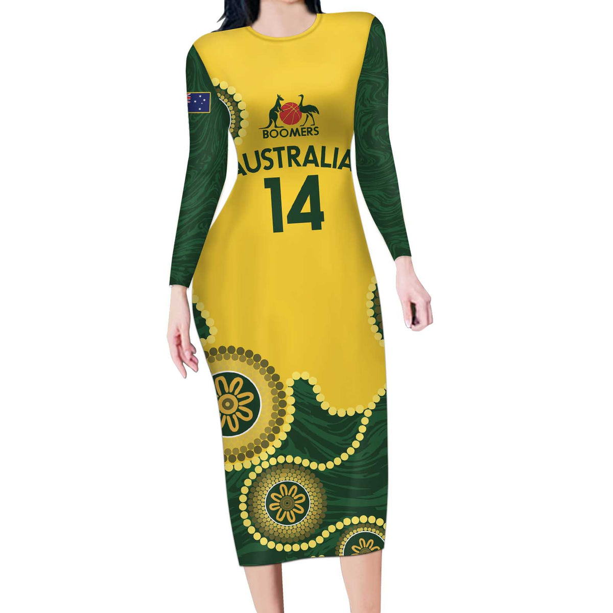 Custom Australia Boomers Long Sleeve Bodycon Dress Aboriginal With Marble Pattern - Yellow