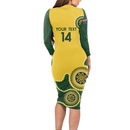 Custom Australia Boomers Long Sleeve Bodycon Dress Aboriginal With Marble Pattern - Yellow